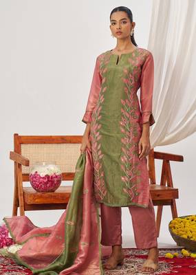Green fancy fabric exquisite cut paste embroidery & sequin free size suit 1