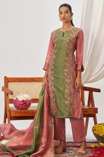 Green fancy fabric exquisite cut paste embroidery & sequin free size suit