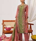 Green fancy fabric exquisite cut paste embroidery & sequin free size suit