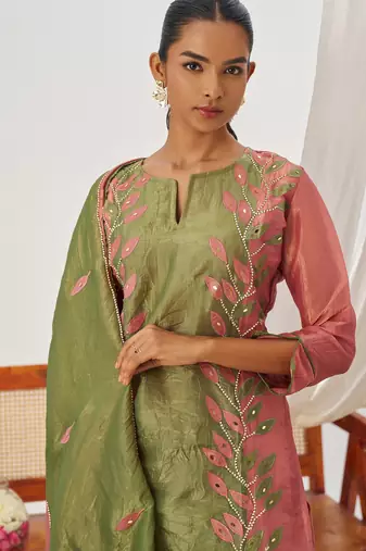 Green fancy fabric exquisite cut paste embroidery & sequin free size suit