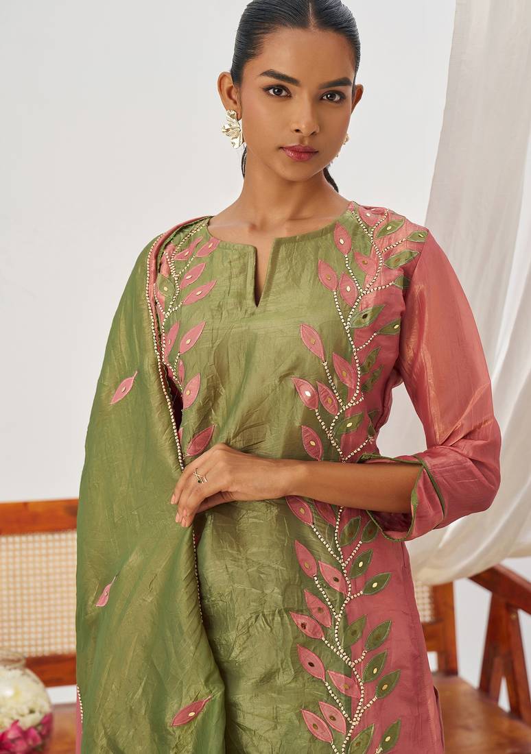 Green fancy fabric exquisite cut paste embroidery & sequin free size suit