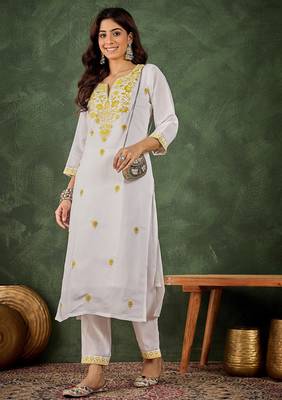 White silk blend thraed embroidered free size suit 1