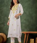 White silk blend thraed embroidered free size suit