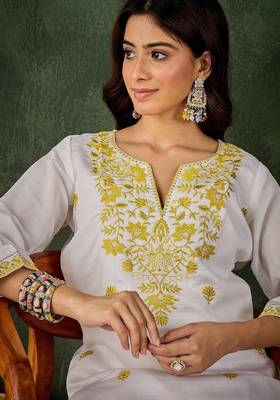 White silk blend thraed embroidered free size suit 2