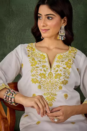 White silk blend thraed embroidered free size suit