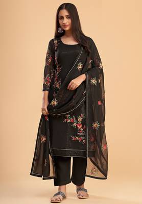 Black georgette embroidered & sequins zari free size suit 1