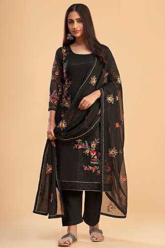Black georgette embroidered & sequins zari free size suit