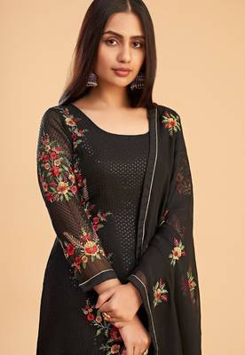 Black georgette embroidered & sequins zari free size suit 2