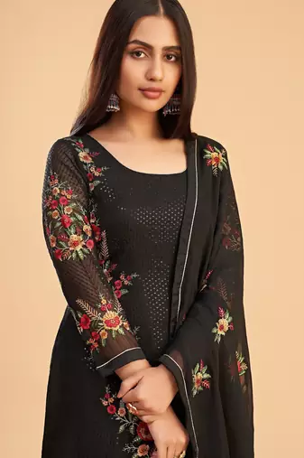 Black georgette embroidered & sequins zari free size suit