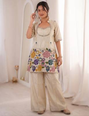 Beige tissue embroidered free size suit 1