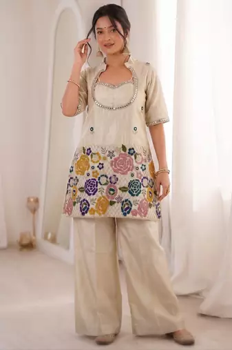 Beige tissue embroidered free size suit