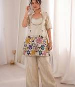 Beige tissue embroidered free size suit
