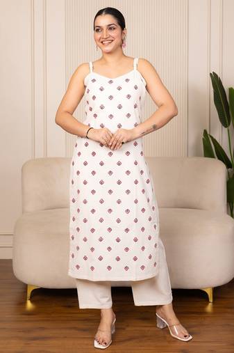White blended cotton floral printed free size suit