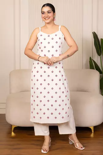 White blended cotton floral printed free size suit