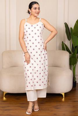 White blended cotton floral printed free size suit 2