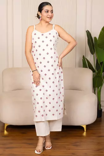 White blended cotton floral printed free size suit