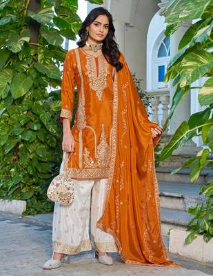 Orange fancy fabric embroidered free size suit 1