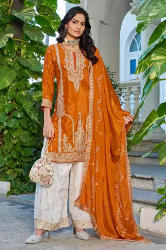 Orange fancy fabric embroidered free size suit