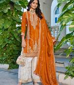 Orange fancy fabric embroidered free size suit