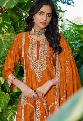 Orange fancy fabric embroidered free size suit 2