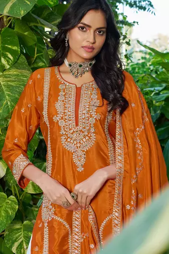 Orange fancy fabric embroidered free size suit