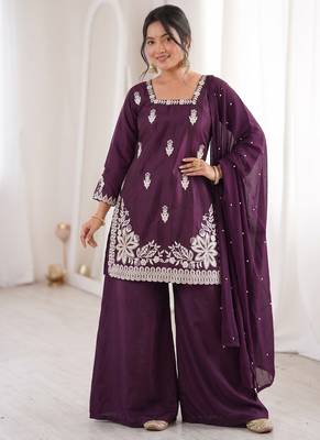 Purple silk blend embroidered free size suit 1