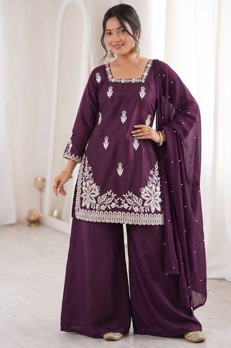 Purple silk blend embroidered free size suit
