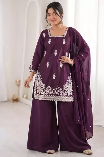 Purple silk blend embroidered free size suit