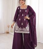 Purple silk blend embroidered free size suit