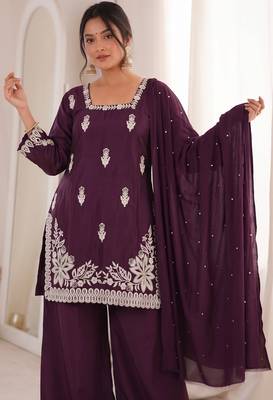 Purple silk blend embroidered free size suit 2