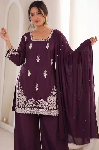 Purple silk blend embroidered free size suit