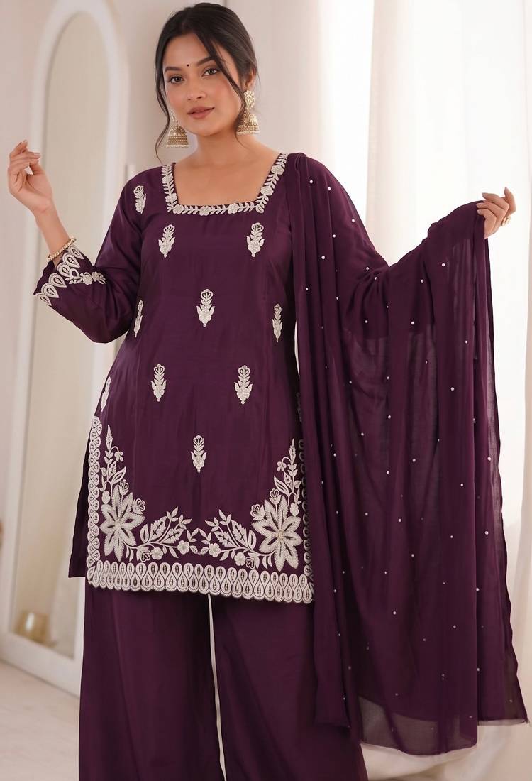 Purple silk blend embroidered free size suit