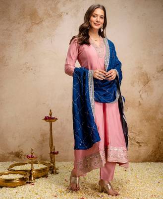 Pink silk blend embroidered   sequins free size suit 1