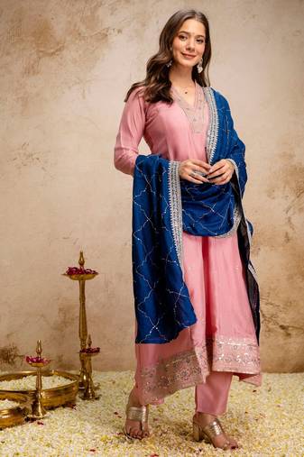 Pink silk blend embroidered   sequins free size suit