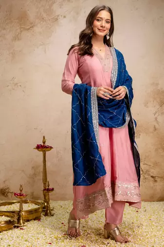 Pink silk blend embroidered   sequins free size suit
