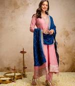 Pink silk blend embroidered   sequins free size suit