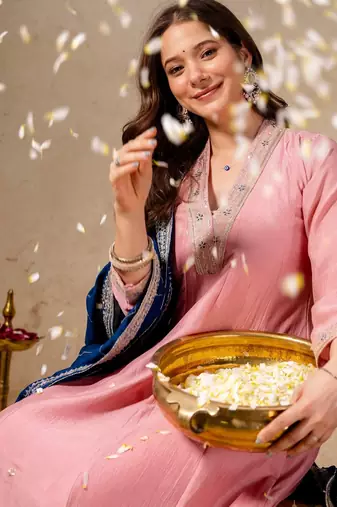 Pink silk blend embroidered   sequins free size suit