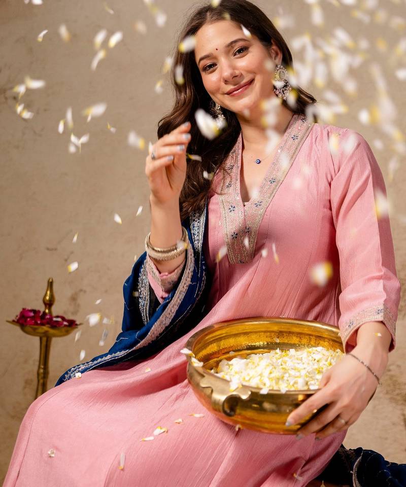Pink silk blend embroidered   sequins free size suit