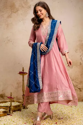 Pink silk blend embroidered   sequins free size suit