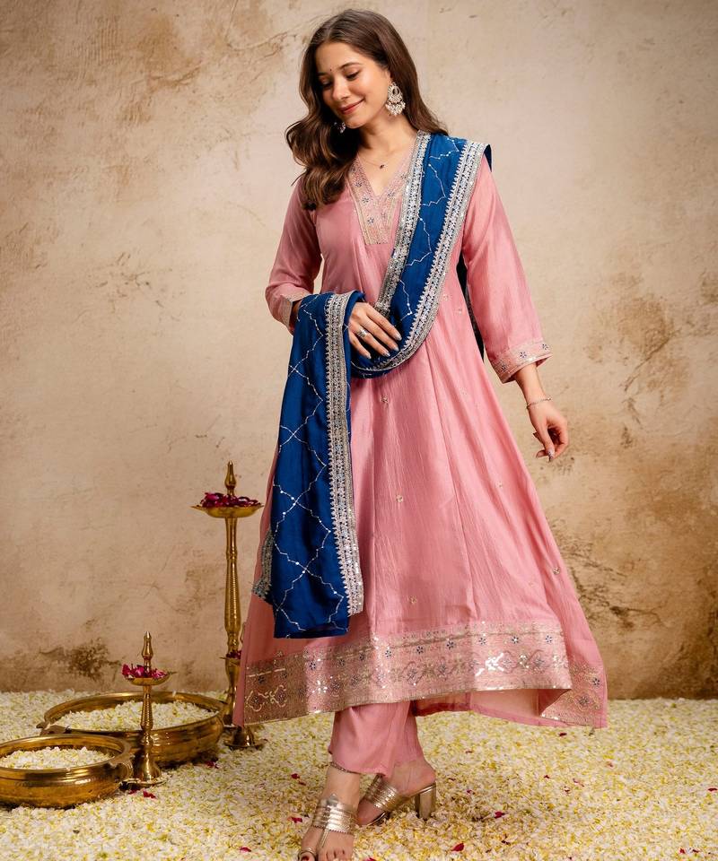 Pink silk blend embroidered   sequins free size suit