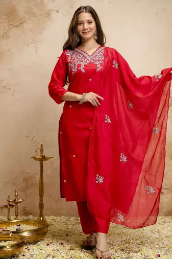 Red silk blend embroidered free size suit