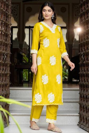 Yellow silk blend floral printed free size suit