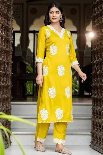 Yellow silk blend floral printed free size suit