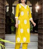 Yellow silk blend floral printed free size suit