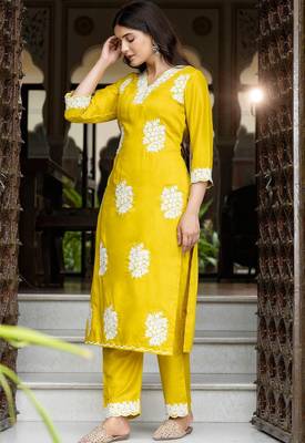 Yellow silk blend floral printed free size suit 2