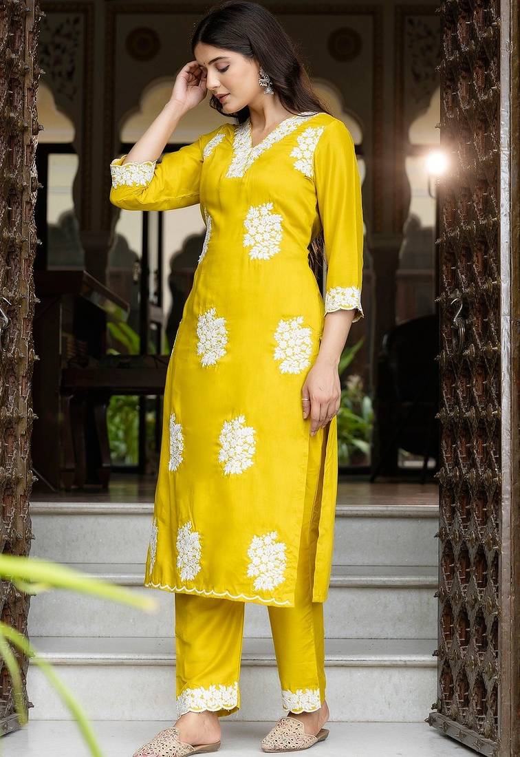 Yellow silk blend floral printed free size suit