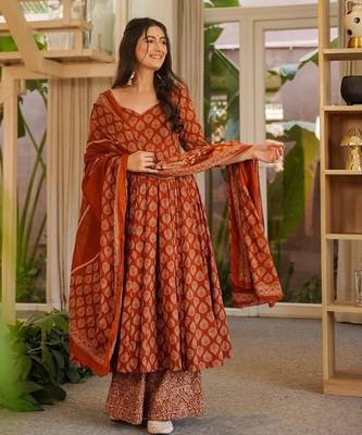 Orange cotton silk digital print free size suit 1