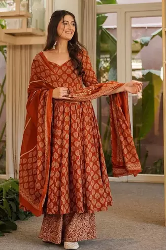 Orange cotton silk digital print free size suit