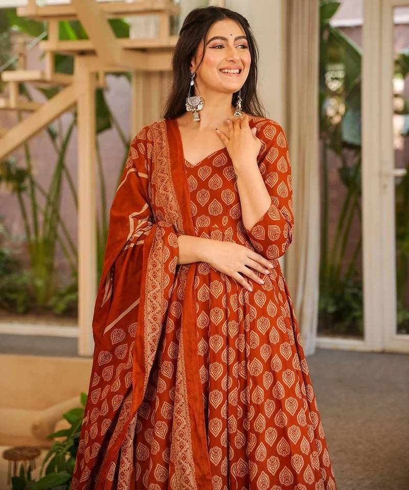Orange cotton silk digital print free size suit