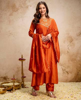 Orange silk blend embroidered   sequins free size suit 1
